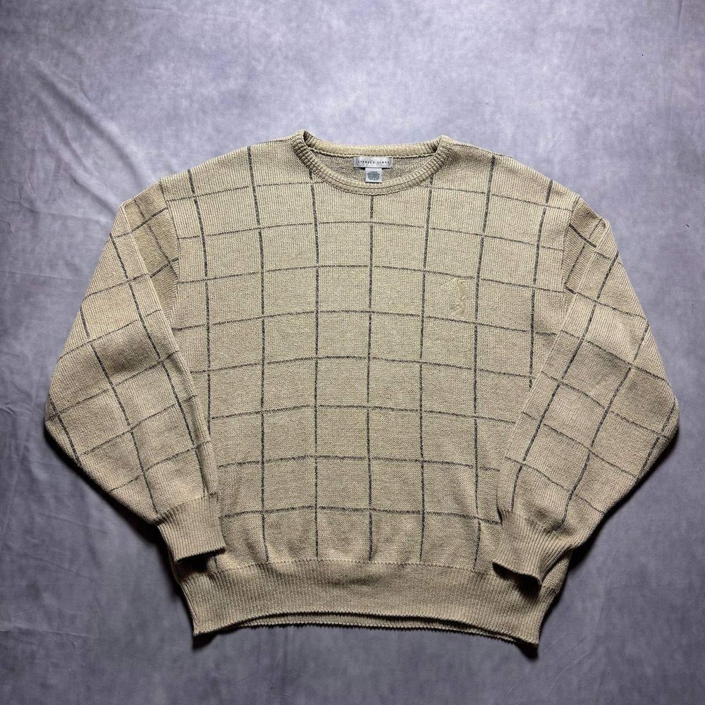 Cypress Links Mens Windowpane Crewneck Sweater Tan Golfer Large Made in‎ USA
